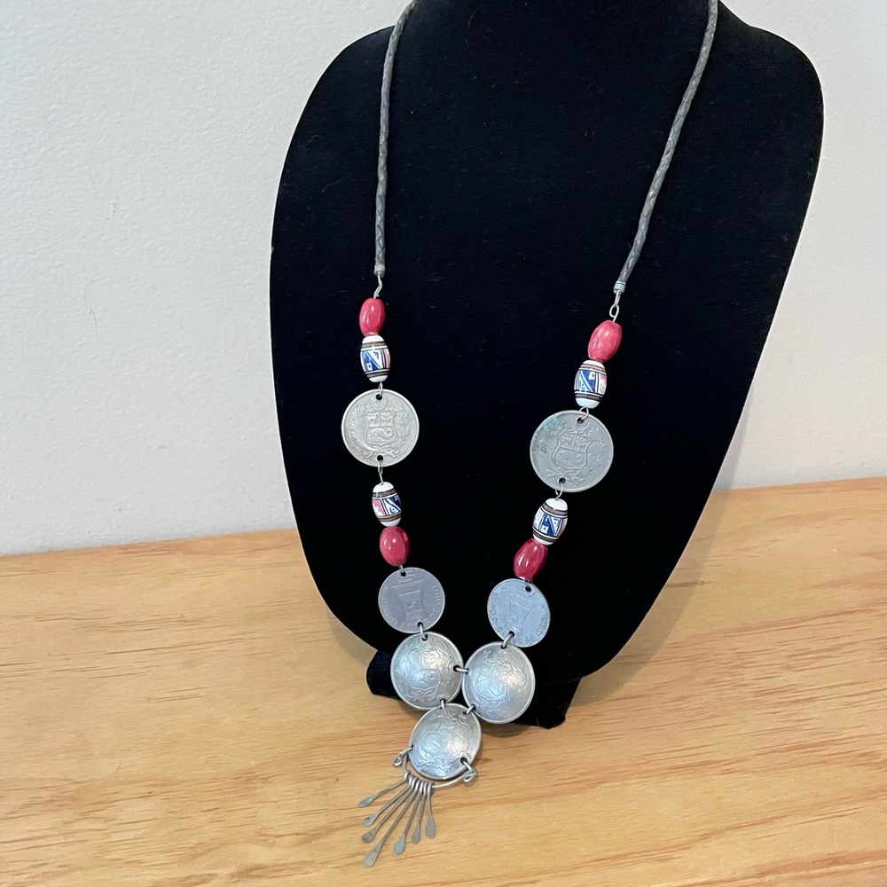 Vintage Peru Peruvian coin necklace red blue beads braided silver tone boho